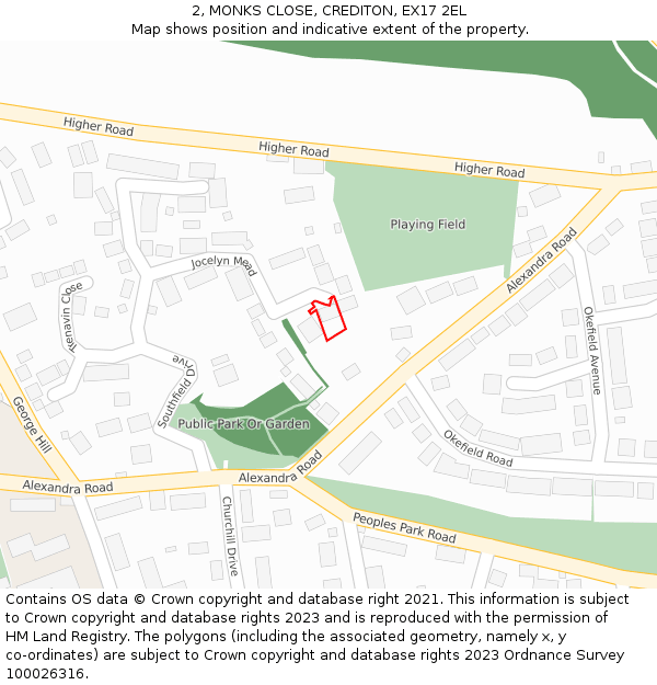 2, MONKS CLOSE, CREDITON, EX17 2EL: Location map and indicative extent of plot