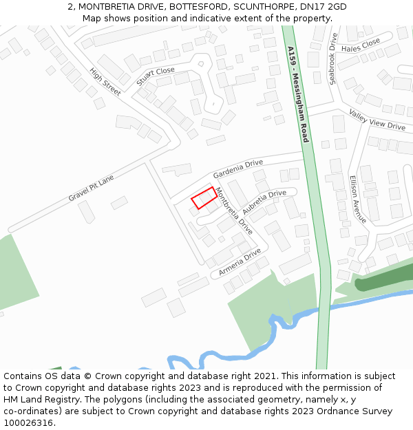 2, MONTBRETIA DRIVE, BOTTESFORD, SCUNTHORPE, DN17 2GD: Location map and indicative extent of plot