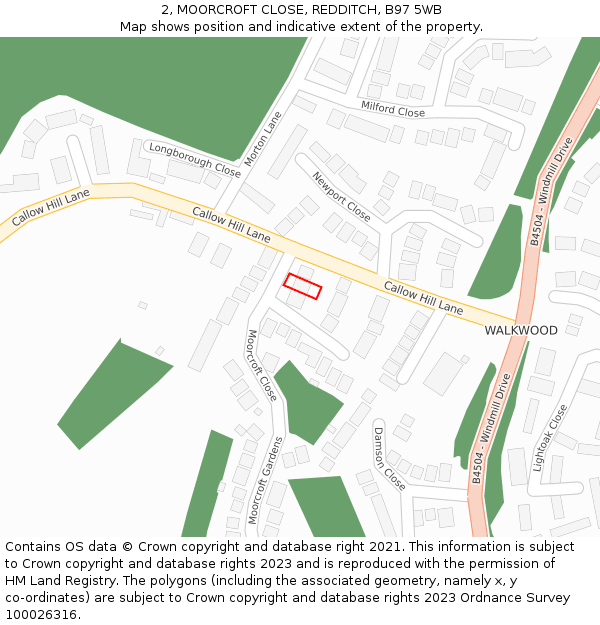2, MOORCROFT CLOSE, REDDITCH, B97 5WB: Location map and indicative extent of plot