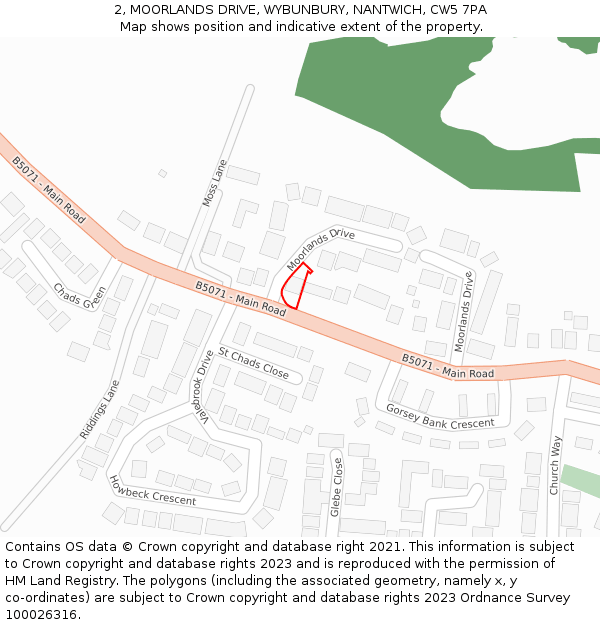 2, MOORLANDS DRIVE, WYBUNBURY, NANTWICH, CW5 7PA: Location map and indicative extent of plot