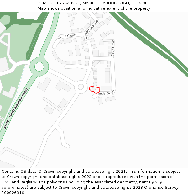 2, MOSELEY AVENUE, MARKET HARBOROUGH, LE16 9HT: Location map and indicative extent of plot