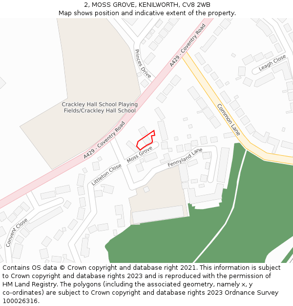 2, MOSS GROVE, KENILWORTH, CV8 2WB: Location map and indicative extent of plot