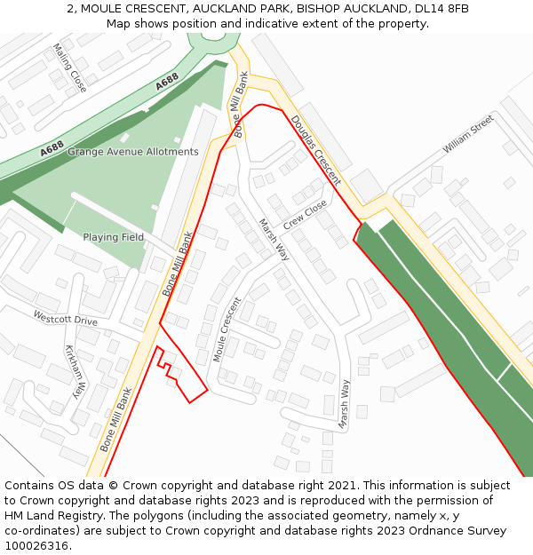 2, MOULE CRESCENT, AUCKLAND PARK, BISHOP AUCKLAND, DL14 8FB: Location map and indicative extent of plot