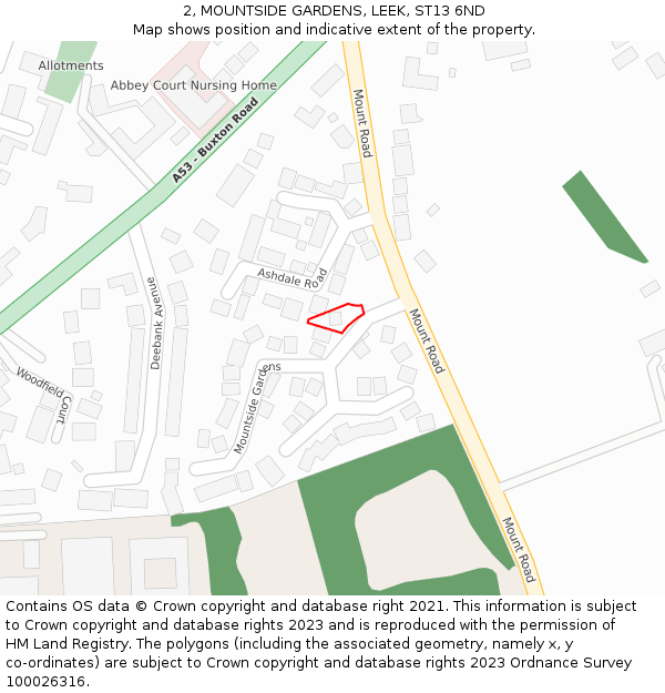 2, MOUNTSIDE GARDENS, LEEK, ST13 6ND: Location map and indicative extent of plot