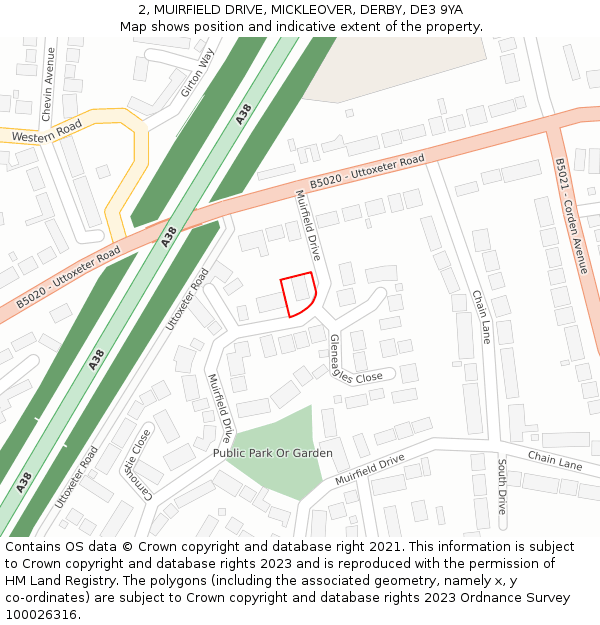 2, MUIRFIELD DRIVE, MICKLEOVER, DERBY, DE3 9YA: Location map and indicative extent of plot