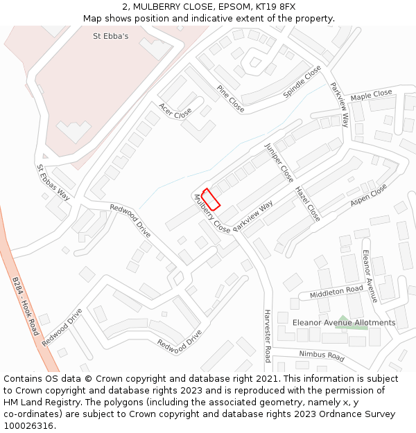 2, MULBERRY CLOSE, EPSOM, KT19 8FX: Location map and indicative extent of plot