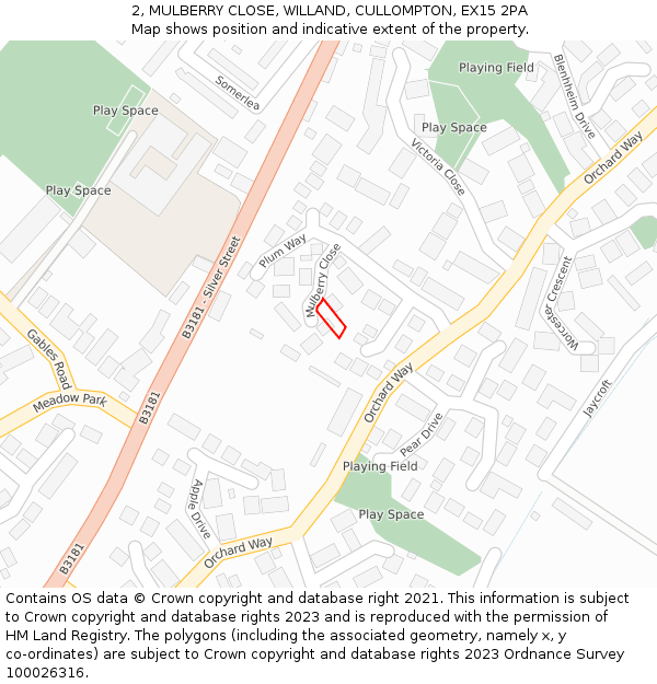 2, MULBERRY CLOSE, WILLAND, CULLOMPTON, EX15 2PA: Location map and indicative extent of plot