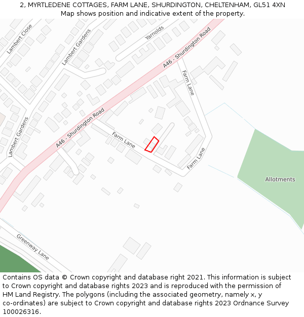 2, MYRTLEDENE COTTAGES, FARM LANE, SHURDINGTON, CHELTENHAM, GL51 4XN: Location map and indicative extent of plot