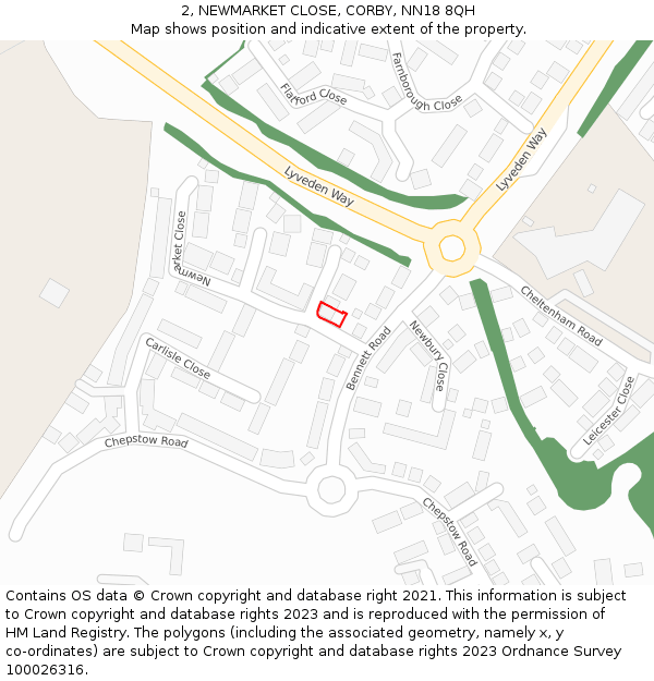 2, NEWMARKET CLOSE, CORBY, NN18 8QH: Location map and indicative extent of plot