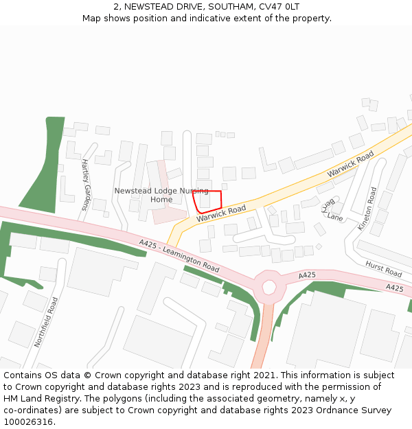 2, NEWSTEAD DRIVE, SOUTHAM, CV47 0LT: Location map and indicative extent of plot