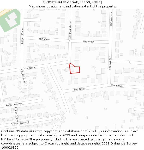 2, NORTH PARK GROVE, LEEDS, LS8 1JJ: Location map and indicative extent of plot