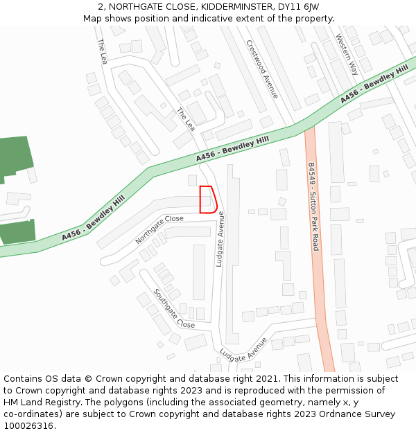 2, NORTHGATE CLOSE, KIDDERMINSTER, DY11 6JW: Location map and indicative extent of plot