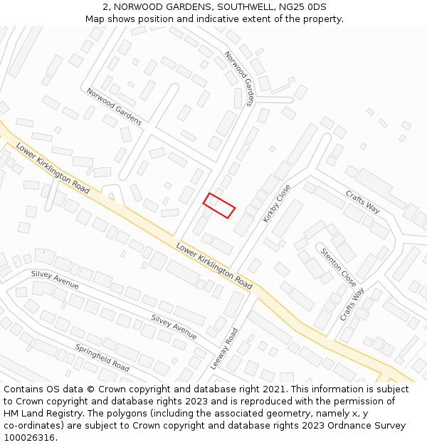 2, NORWOOD GARDENS, SOUTHWELL, NG25 0DS: Location map and indicative extent of plot
