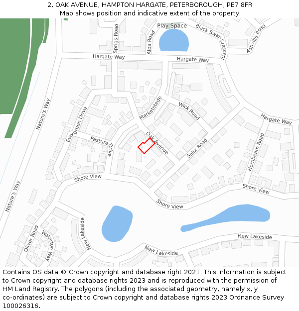 2, OAK AVENUE, HAMPTON HARGATE, PETERBOROUGH, PE7 8FR: Location map and indicative extent of plot