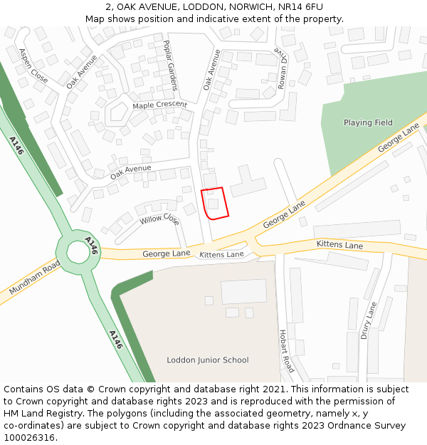 2, OAK AVENUE, LODDON, NORWICH, NR14 6FU: Location map and indicative extent of plot