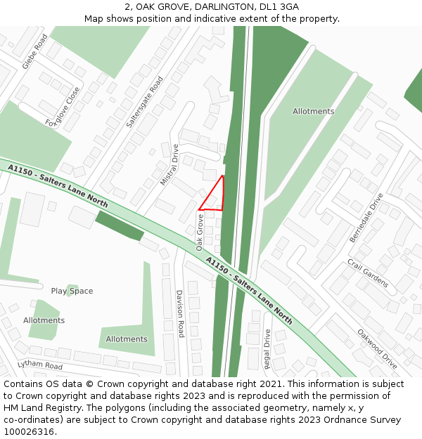 2, OAK GROVE, DARLINGTON, DL1 3GA: Location map and indicative extent of plot