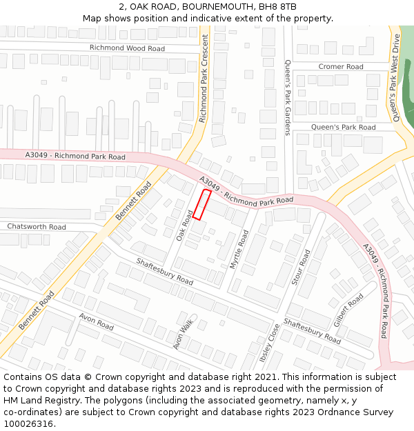2, OAK ROAD, BOURNEMOUTH, BH8 8TB: Location map and indicative extent of plot
