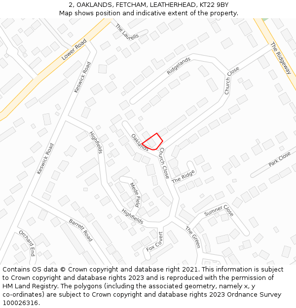 2, OAKLANDS, FETCHAM, LEATHERHEAD, KT22 9BY: Location map and indicative extent of plot