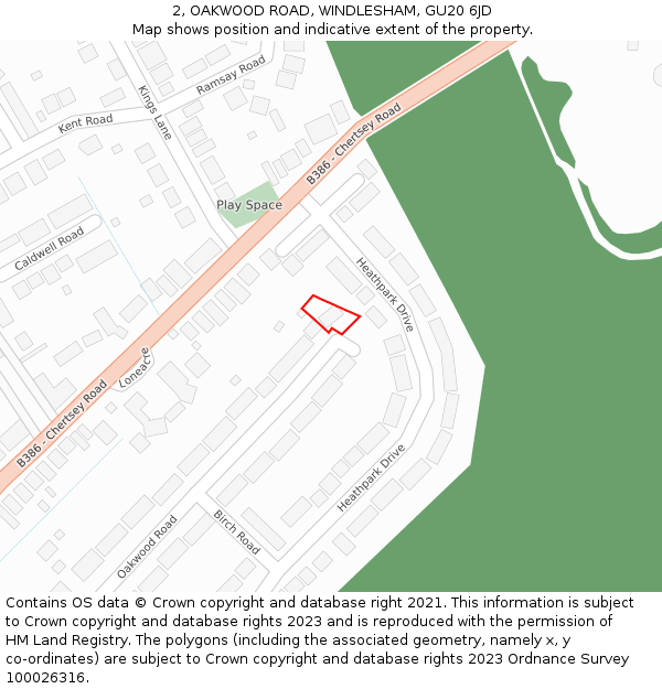 2, OAKWOOD ROAD, WINDLESHAM, GU20 6JD: Location map and indicative extent of plot