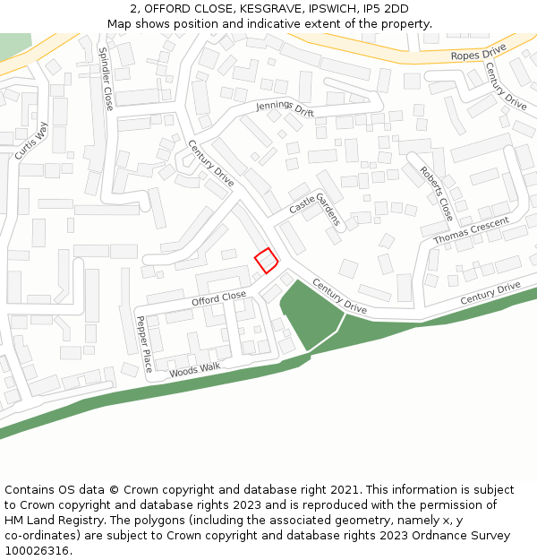2, OFFORD CLOSE, KESGRAVE, IPSWICH, IP5 2DD: Location map and indicative extent of plot