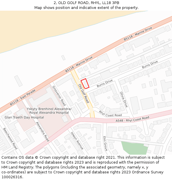 2, OLD GOLF ROAD, RHYL, LL18 3PB: Location map and indicative extent of plot