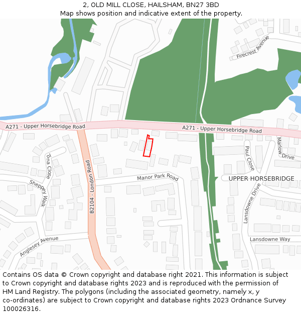 2, OLD MILL CLOSE, HAILSHAM, BN27 3BD: Location map and indicative extent of plot