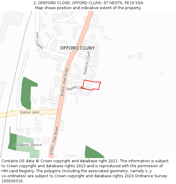 2, OPEFORD CLOSE, OFFORD CLUNY, ST NEOTS, PE19 5QA: Location map and indicative extent of plot