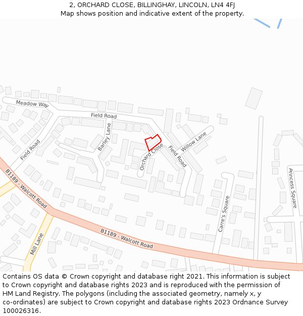 2, ORCHARD CLOSE, BILLINGHAY, LINCOLN, LN4 4FJ: Location map and indicative extent of plot