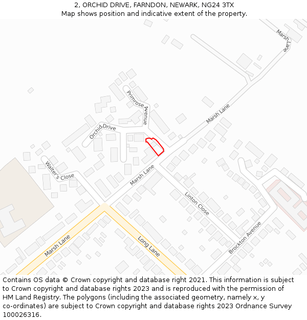 2, ORCHID DRIVE, FARNDON, NEWARK, NG24 3TX: Location map and indicative extent of plot