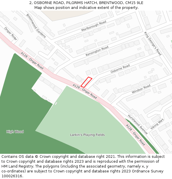 2, OSBORNE ROAD, PILGRIMS HATCH, BRENTWOOD, CM15 9LE: Location map and indicative extent of plot