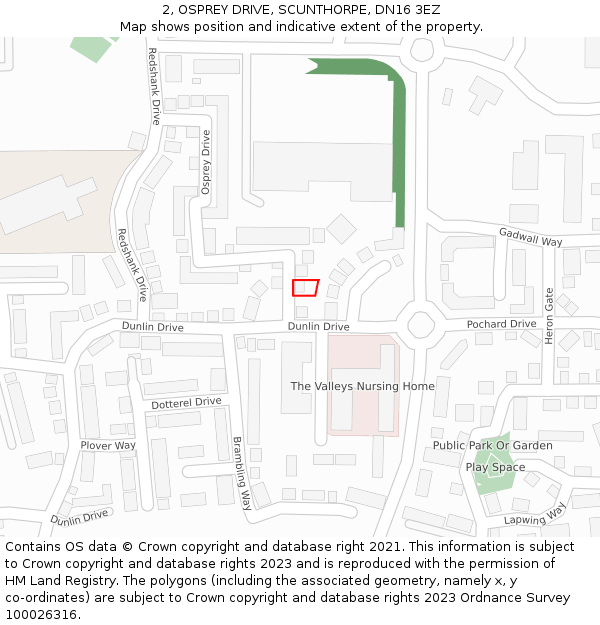 2, OSPREY DRIVE, SCUNTHORPE, DN16 3EZ: Location map and indicative extent of plot