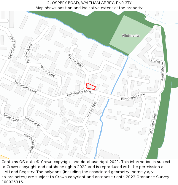 2, OSPREY ROAD, WALTHAM ABBEY, EN9 3TY: Location map and indicative extent of plot