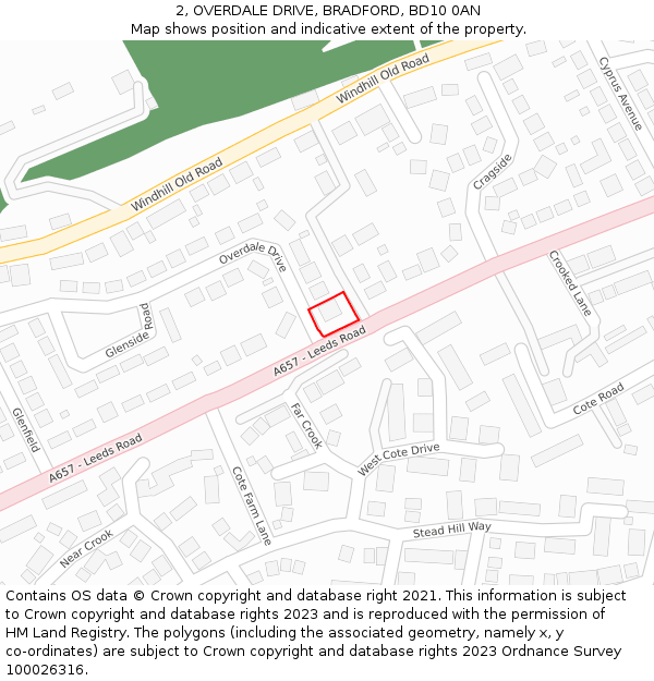 2, OVERDALE DRIVE, BRADFORD, BD10 0AN: Location map and indicative extent of plot