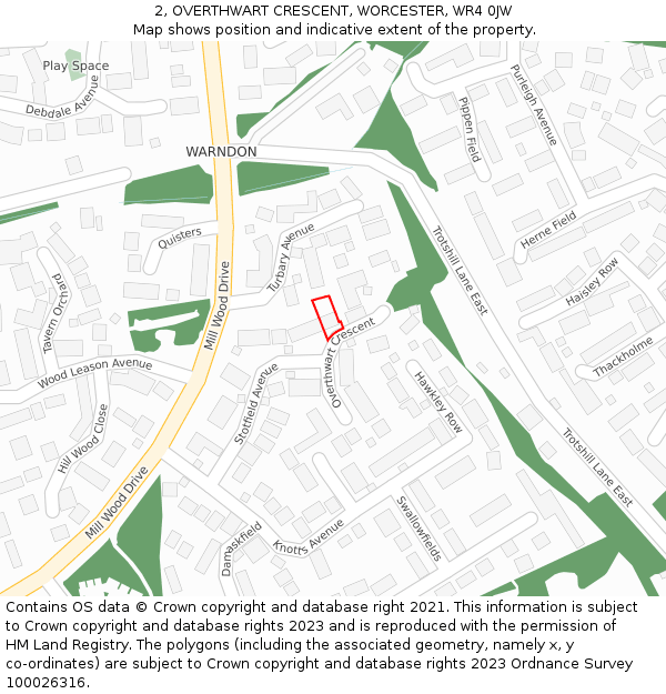 2, OVERTHWART CRESCENT, WORCESTER, WR4 0JW: Location map and indicative extent of plot
