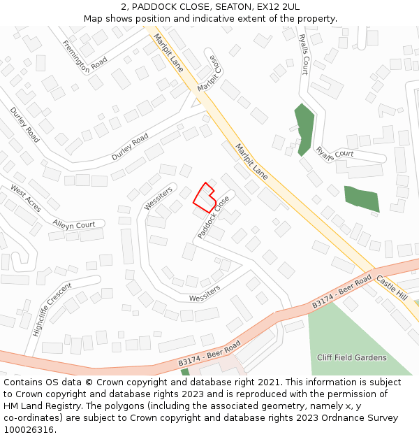 2, PADDOCK CLOSE, SEATON, EX12 2UL: Location map and indicative extent of plot