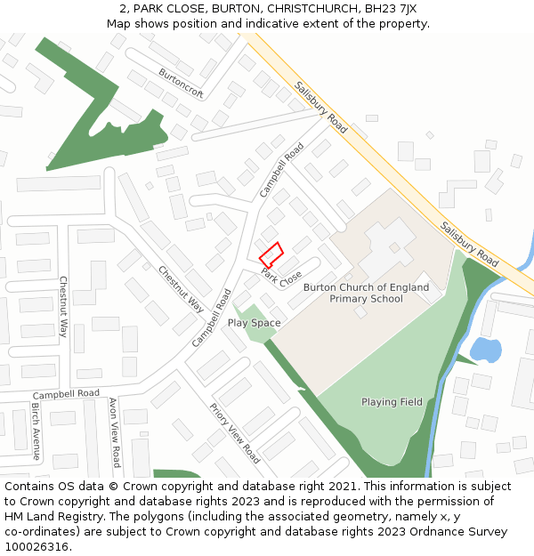 2, PARK CLOSE, BURTON, CHRISTCHURCH, BH23 7JX: Location map and indicative extent of plot