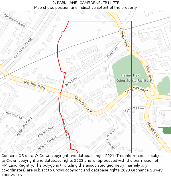 2, PARK LANE, CAMBORNE, TR14 7TF: Location map and indicative extent of plot