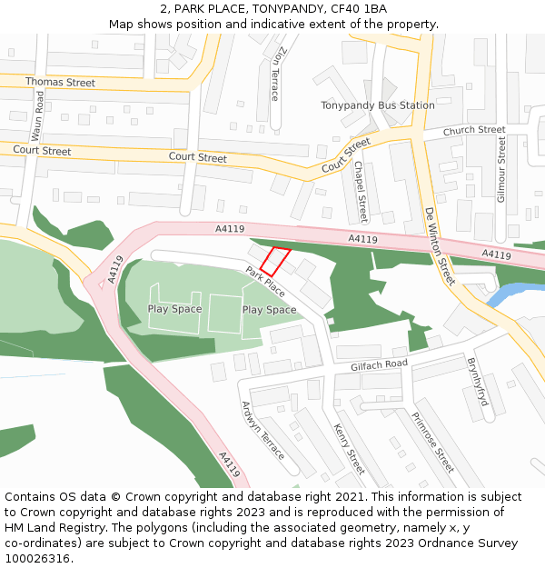 2, PARK PLACE, TONYPANDY, CF40 1BA: Location map and indicative extent of plot