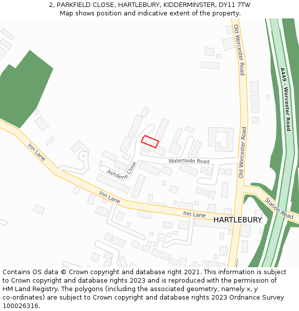 2, PARKFIELD CLOSE, HARTLEBURY, KIDDERMINSTER, DY11 7TW: Location map and indicative extent of plot