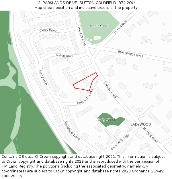 2, PARKLANDS DRIVE, SUTTON COLDFIELD, B74 2QU: Location map and indicative extent of plot