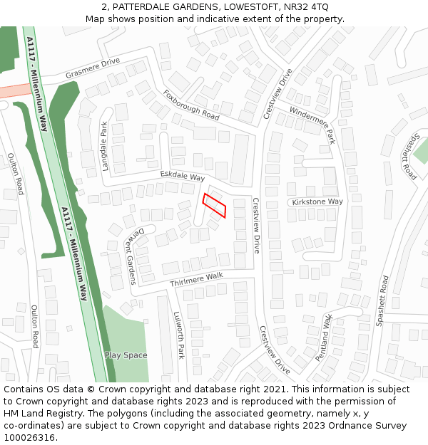 2, PATTERDALE GARDENS, LOWESTOFT, NR32 4TQ: Location map and indicative extent of plot