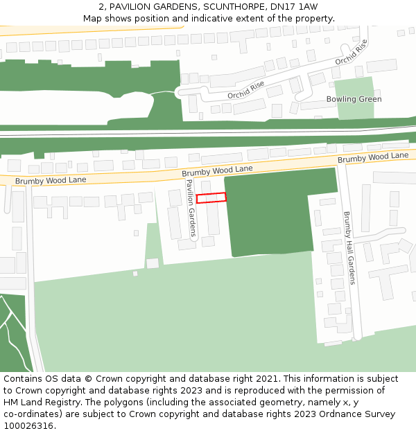 2, PAVILION GARDENS, SCUNTHORPE, DN17 1AW: Location map and indicative extent of plot