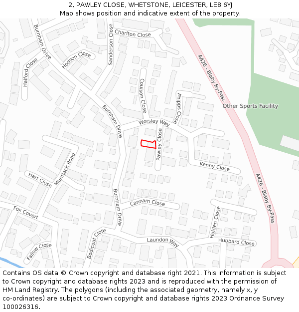 2, PAWLEY CLOSE, WHETSTONE, LEICESTER, LE8 6YJ: Location map and indicative extent of plot