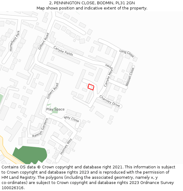 2, PENNINGTON CLOSE, BODMIN, PL31 2GN: Location map and indicative extent of plot