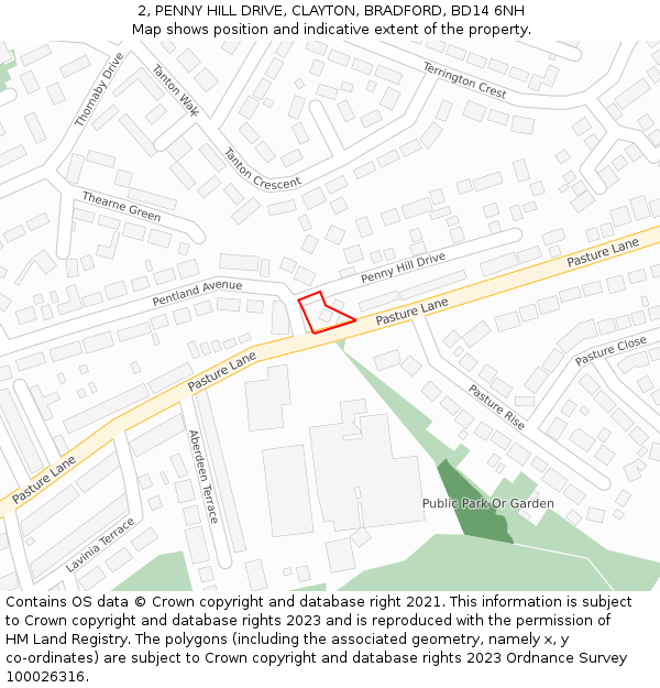 2, PENNY HILL DRIVE, CLAYTON, BRADFORD, BD14 6NH: Location map and indicative extent of plot