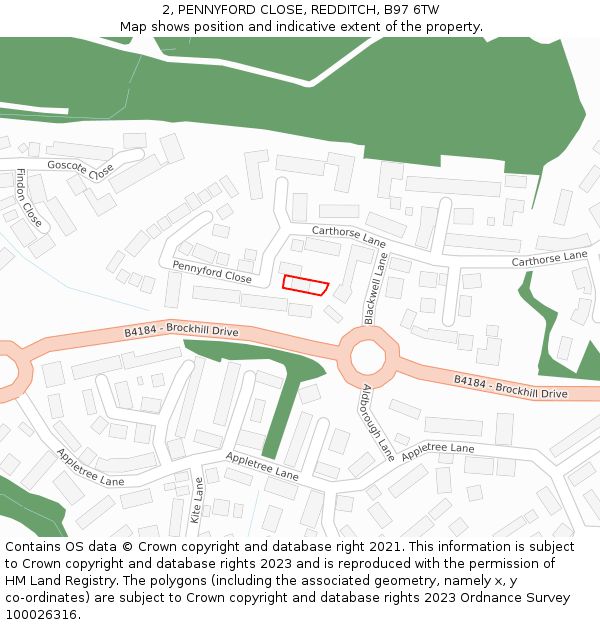 2, PENNYFORD CLOSE, REDDITCH, B97 6TW: Location map and indicative extent of plot