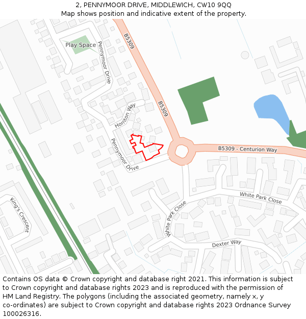 2, PENNYMOOR DRIVE, MIDDLEWICH, CW10 9QQ: Location map and indicative extent of plot