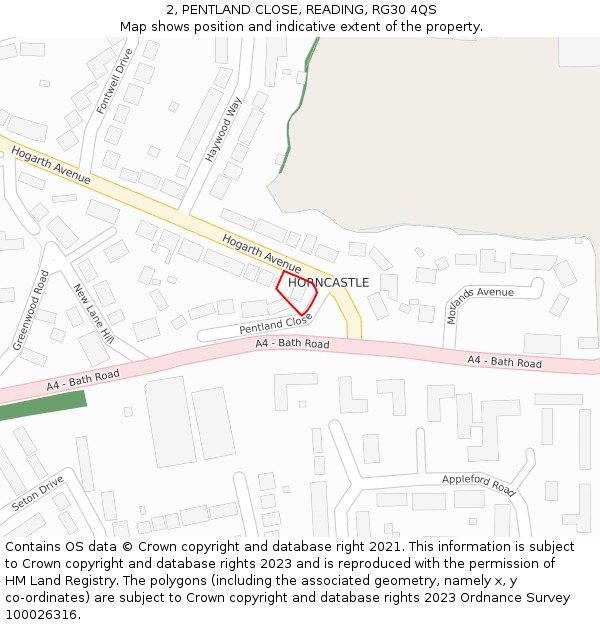 2, PENTLAND CLOSE, READING, RG30 4QS: Location map and indicative extent of plot