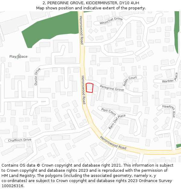 2, PEREGRINE GROVE, KIDDERMINSTER, DY10 4UH: Location map and indicative extent of plot