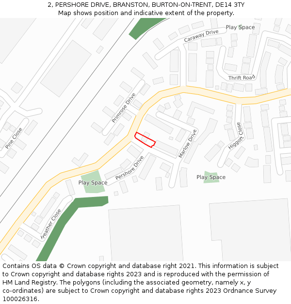 2, PERSHORE DRIVE, BRANSTON, BURTON-ON-TRENT, DE14 3TY: Location map and indicative extent of plot